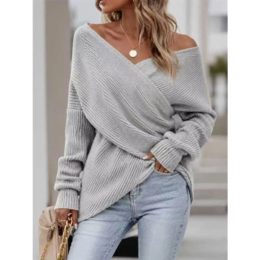 Crisscross Ribbed Knit Long Sleeve Sweater Gray / S Apparel and Accessories