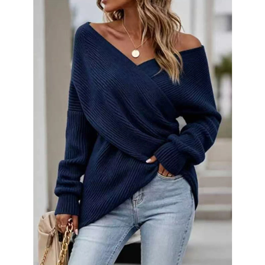 Crisscross Ribbed Knit Long Sleeve Sweater Navy Blue / S Apparel and Accessories