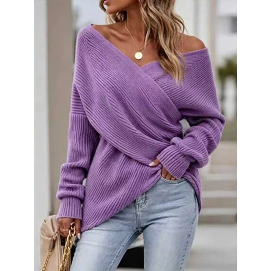 Crisscross Ribbed Knit Long Sleeve Sweater Purple / S Apparel and Accessories