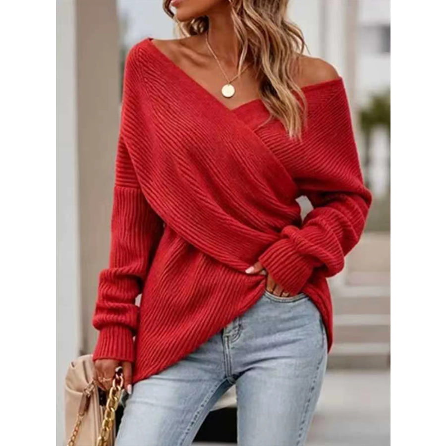 Crisscross Ribbed Knit Long Sleeve Sweater Red / S Apparel and Accessories