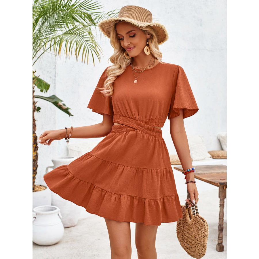 Crisscross Round Neck Flutter Sleeve Mini Dress Apparel and Accessories