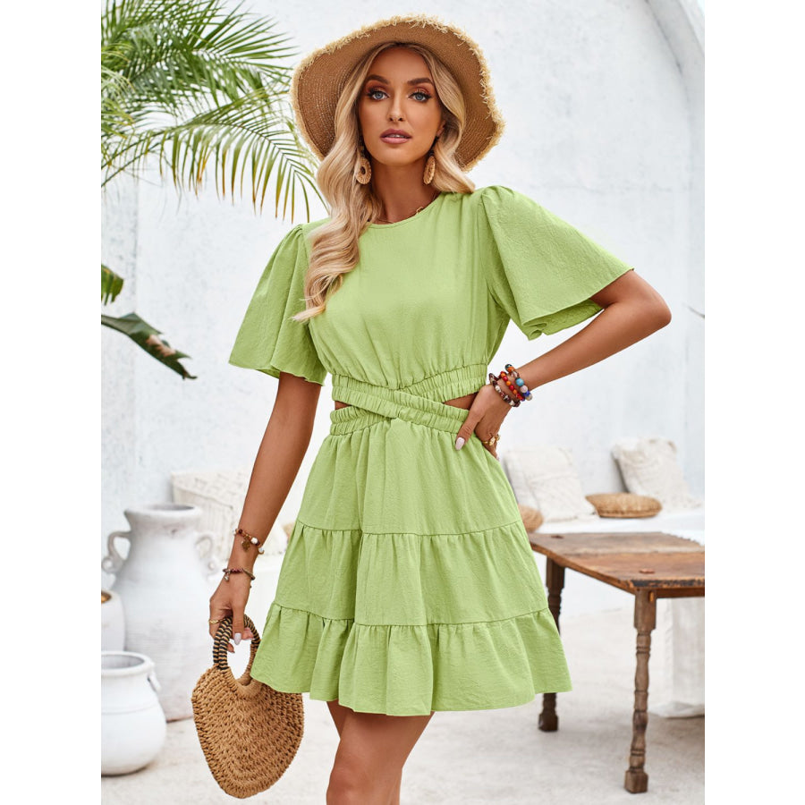 Crisscross Round Neck Flutter Sleeve Mini Dress Apparel and Accessories