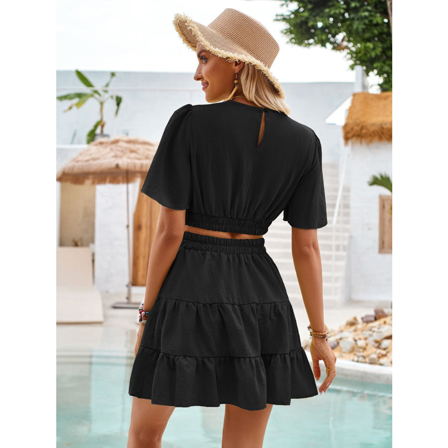 Crisscross Round Neck Flutter Sleeve Mini Dress Apparel and Accessories