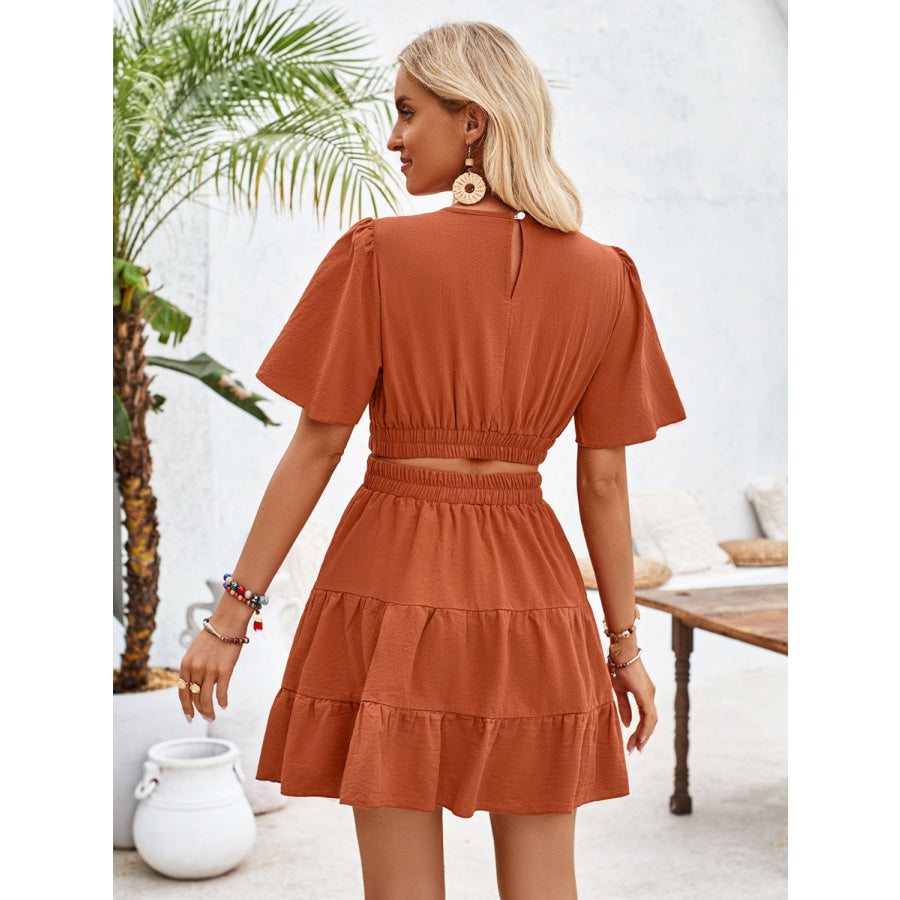 Crisscross Round Neck Flutter Sleeve Mini Dress Apparel and Accessories