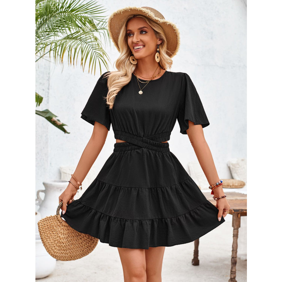 Crisscross Round Neck Flutter Sleeve Mini Dress Apparel and Accessories