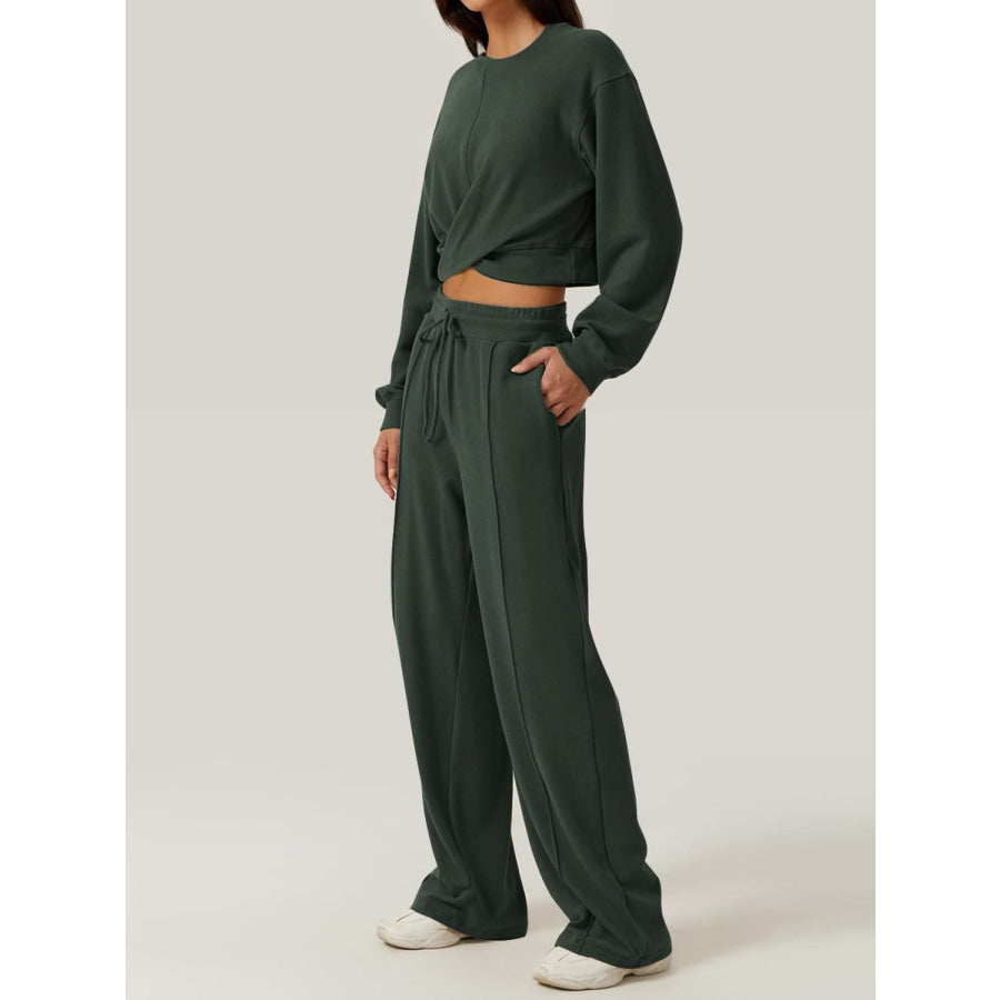 Crisscross Round Neck Top and Drawstring Pants Set Apparel and Accessories