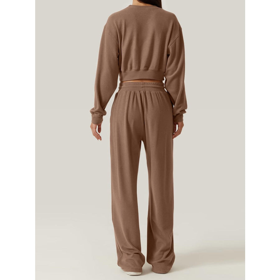 Crisscross Round Neck Top and Drawstring Pants Set Brown / S Apparel and Accessories