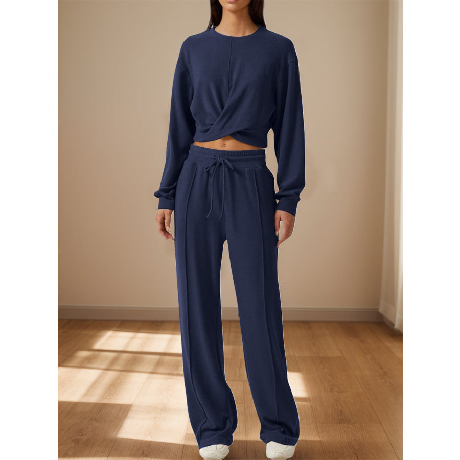 Crisscross Round Neck Top and Drawstring Pants Set Apparel and Accessories