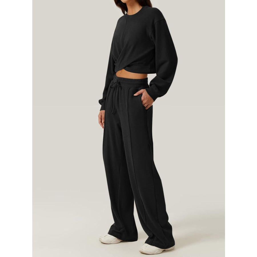 Crisscross Round Neck Top and Drawstring Pants Set Black / S Apparel and Accessories