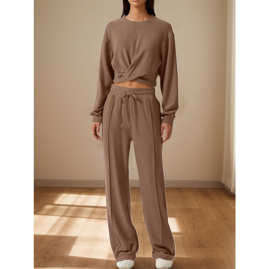 Crisscross Round Neck Top and Drawstring Pants Set Brown / S Apparel and Accessories