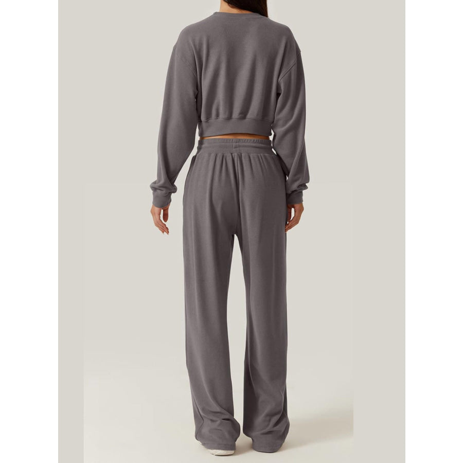 Crisscross Round Neck Top and Drawstring Pants Set Dark Gray / S Apparel and Accessories