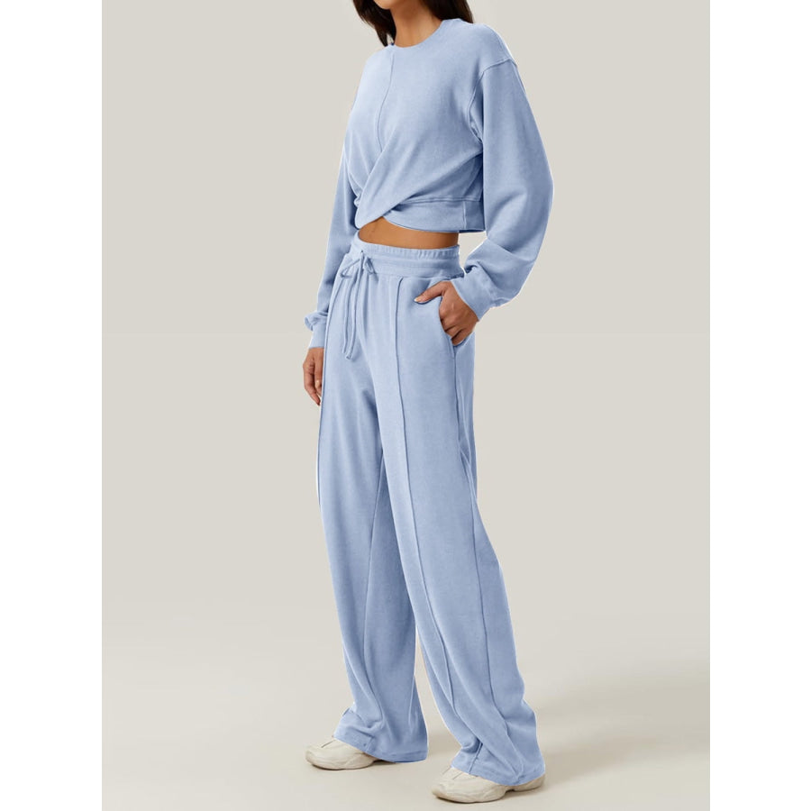 Crisscross Round Neck Top and Drawstring Pants Set Light Blue / S Apparel and Accessories