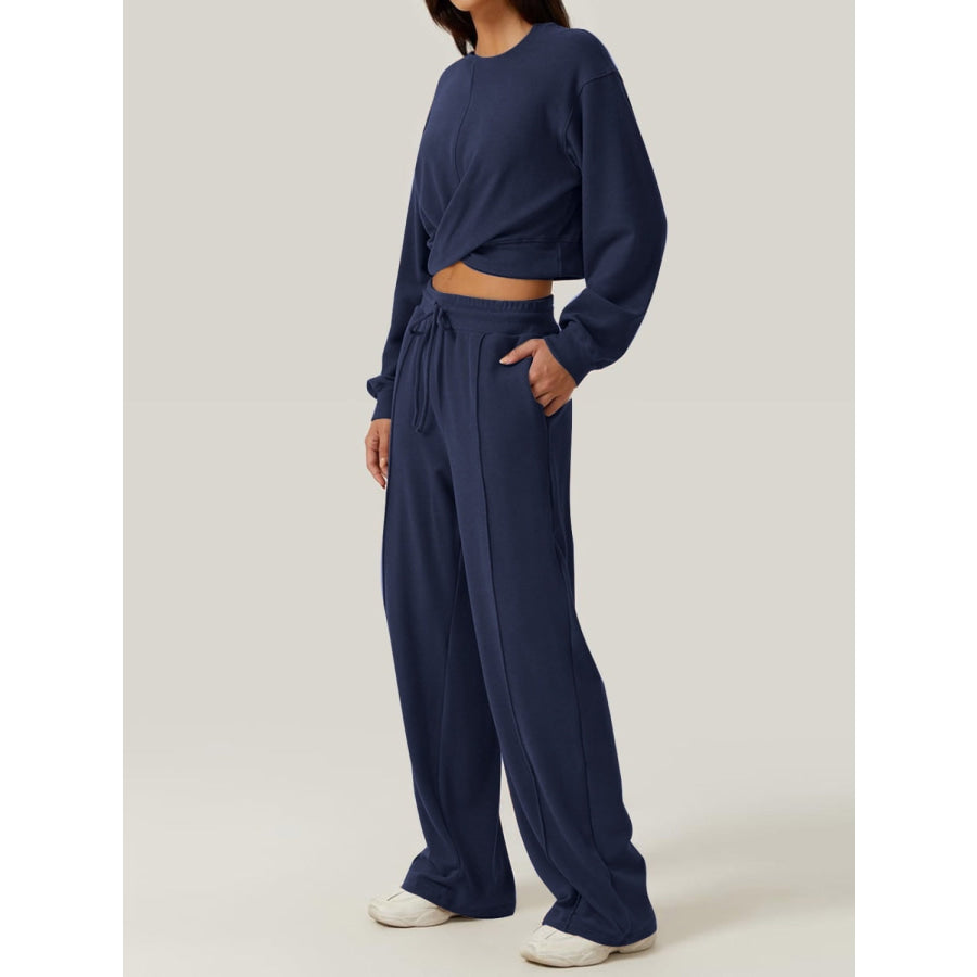 Crisscross Round Neck Top and Drawstring Pants Set Navy / S Apparel and Accessories