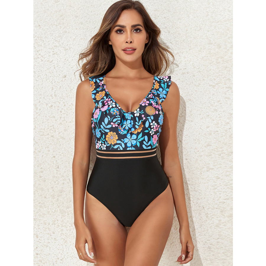Crisscross Ruffled Printed V - Neck One - Piece Swimwear Apparel and Accessories