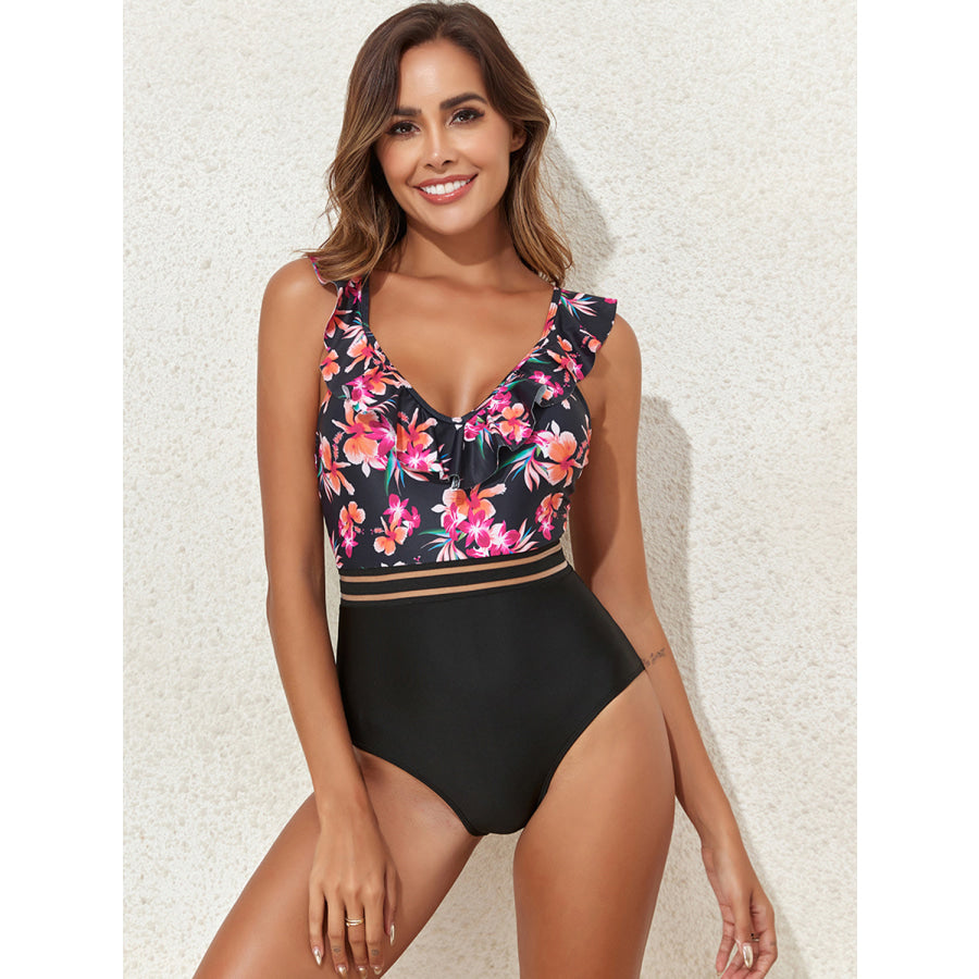 Crisscross Ruffled Printed V - Neck One - Piece Swimwear Apparel and Accessories