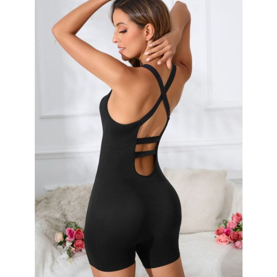 Crisscross Scoop Neck Wide Strap Romper Black / S Apparel and Accessories