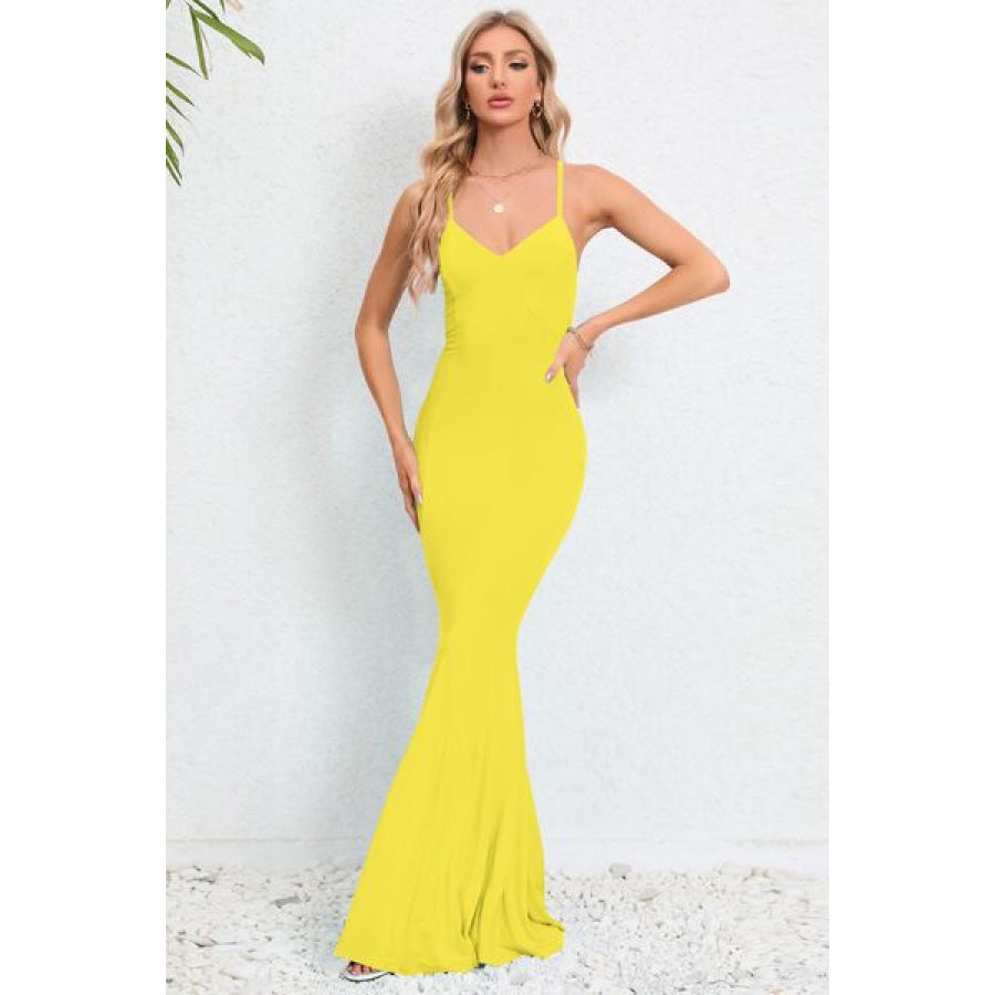 Crisscross Spaghetti Strap Fishtail Dress Canary Yellow / S Apparel and Accessories