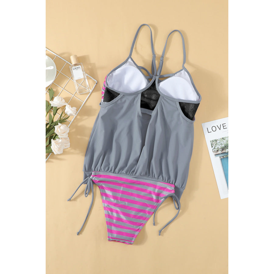 Crisscross Striped Spaghetti Strap Tankini Set Apparel and Accessories