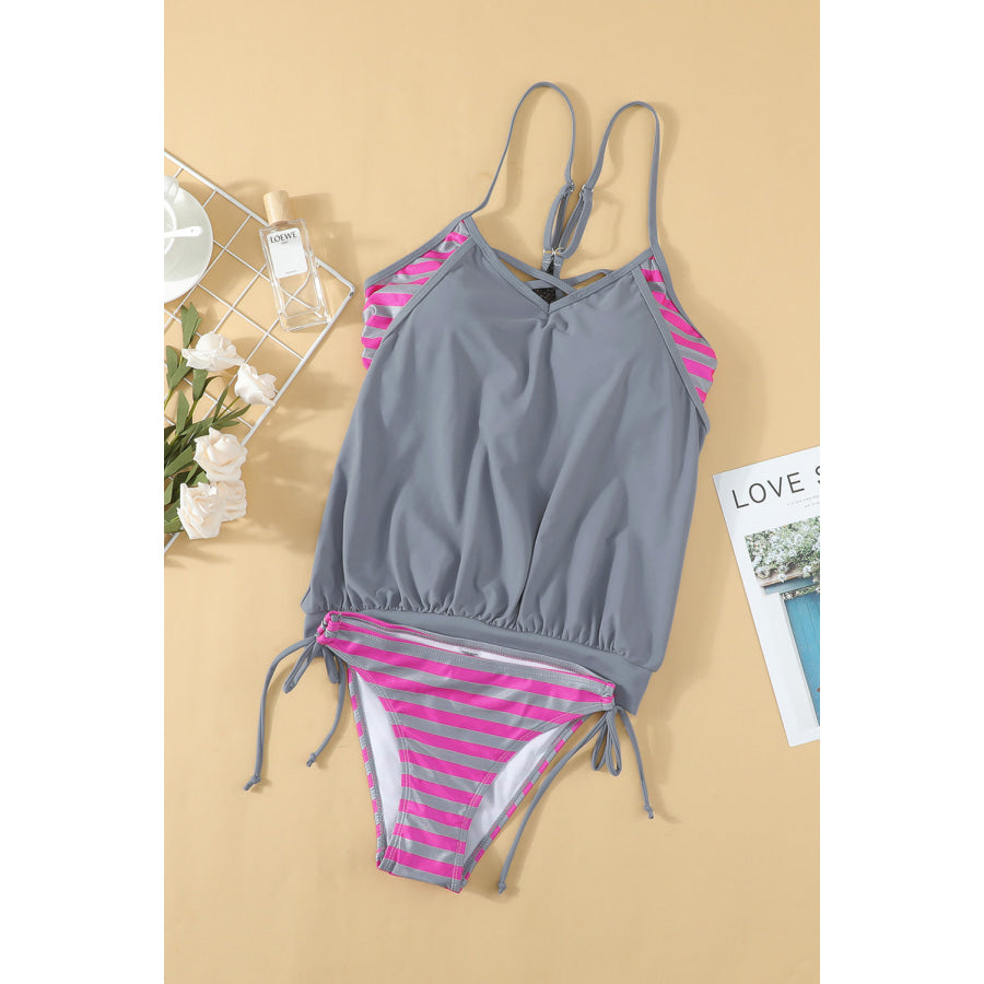 Crisscross Striped Spaghetti Strap Tankini Set Apparel and Accessories