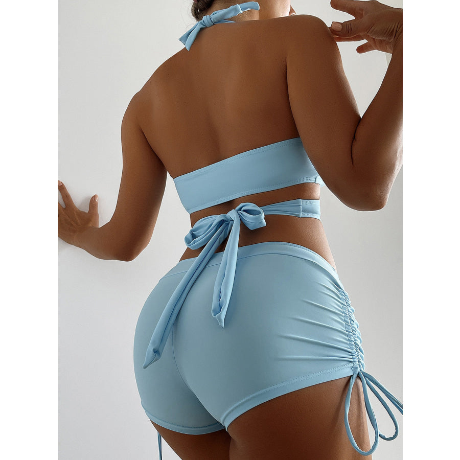 Crisscross Tied Top and Drawstring Shorts Swim Set Pastel Blue / S Apparel Accessories