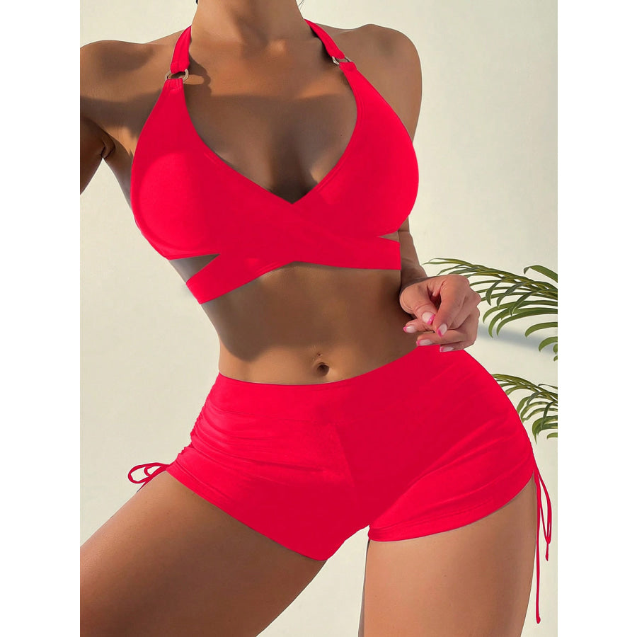 Crisscross Tied Top and Drawstring Shorts Swim Set Red / S Apparel Accessories