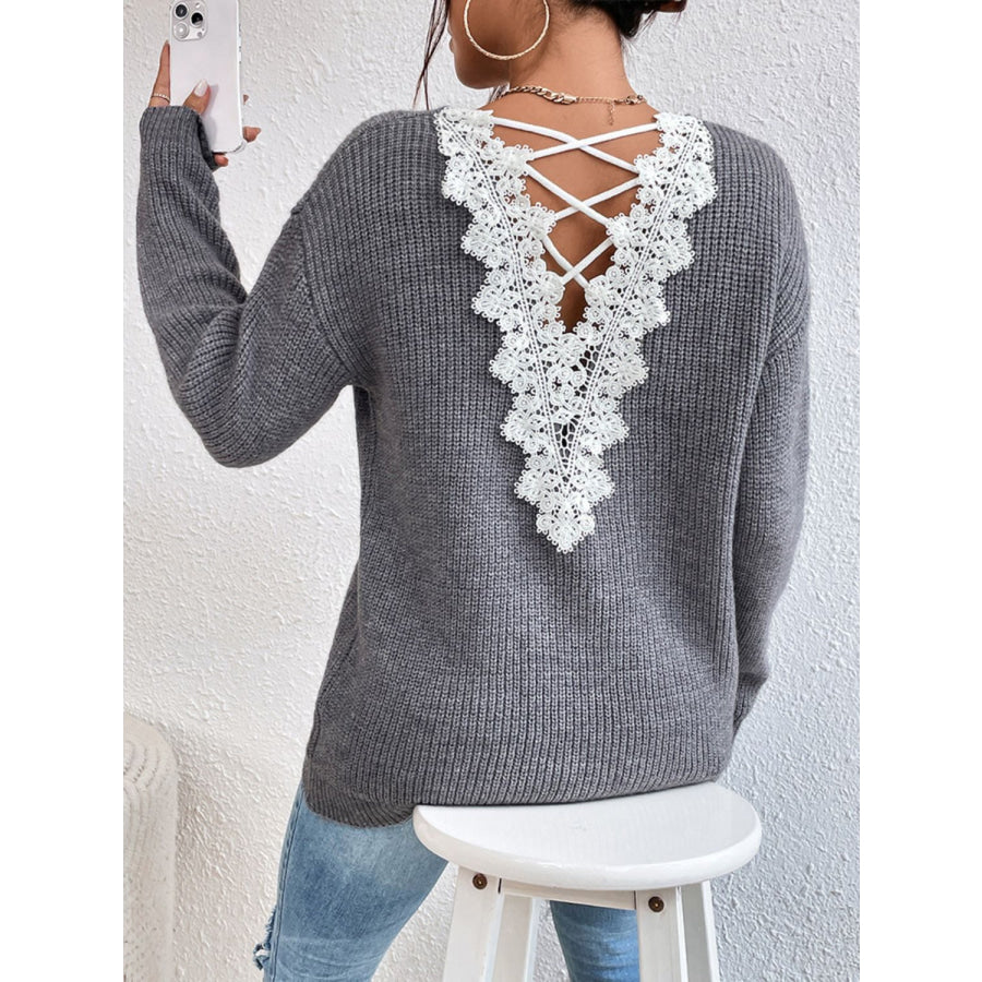 Crisscross V-Neck Long Sleeve Sweater Gray / S Apparel and Accessories