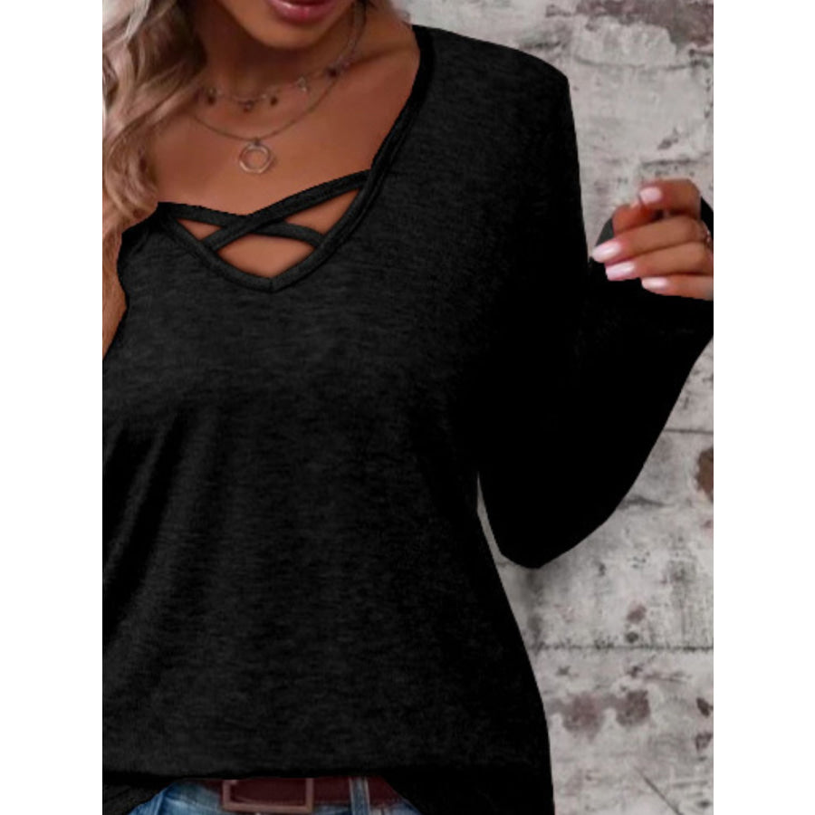 Crisscross V-Neck Long Sleeve T-Shirt Apparel and Accessories