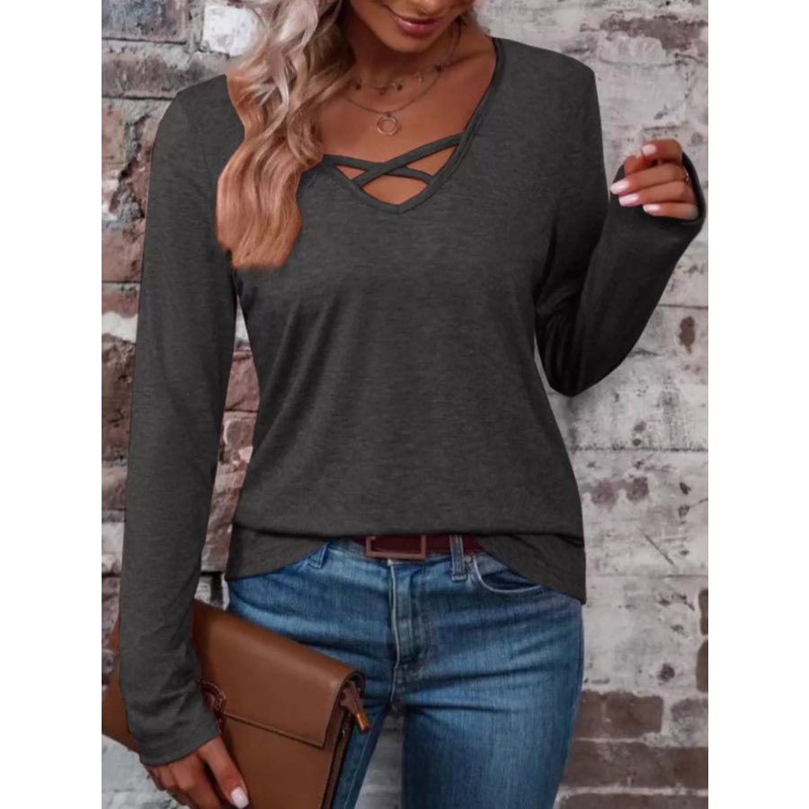 Crisscross V-Neck Long Sleeve T-Shirt Black Gray / S Apparel and Accessories