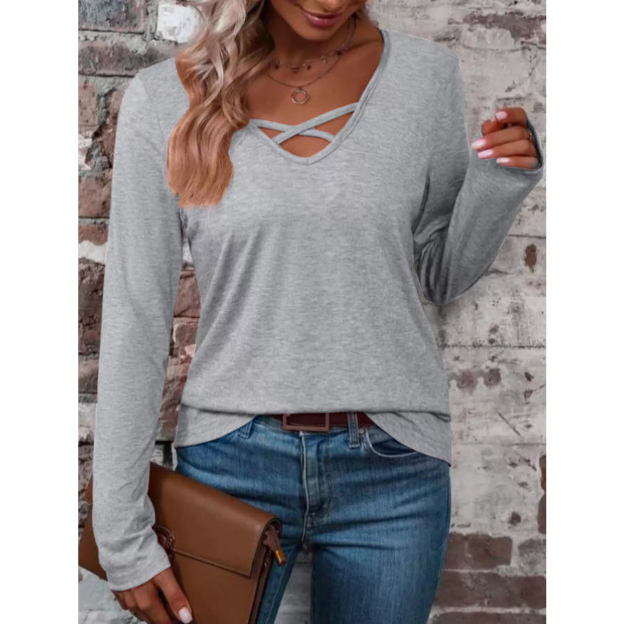 Crisscross V-Neck Long Sleeve T-Shirt Gray / S Apparel and Accessories