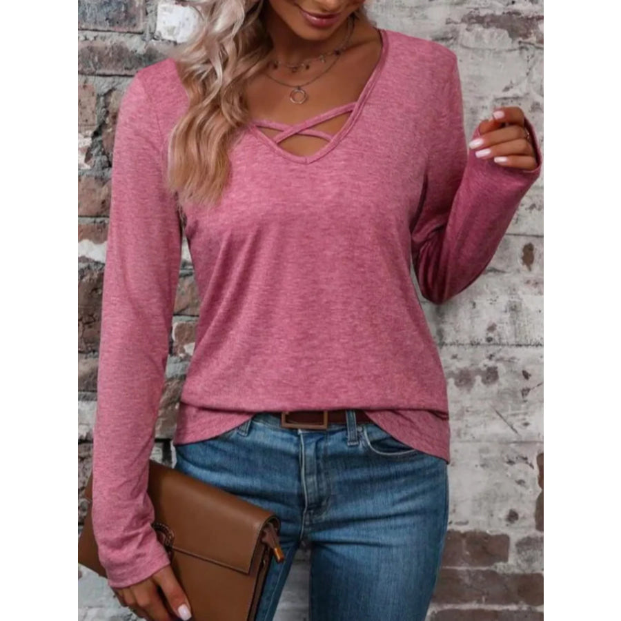 Crisscross V-Neck Long Sleeve T-Shirt Peach / S Apparel and Accessories