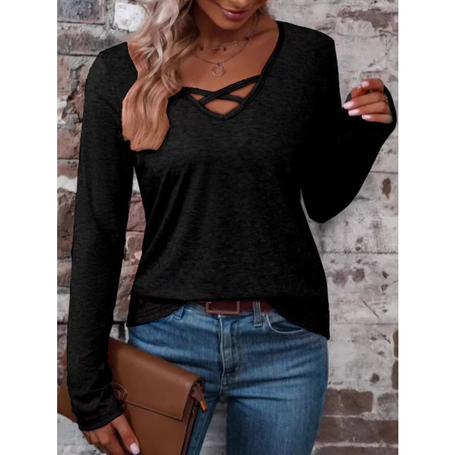 Crisscross V-Neck Long Sleeve T-Shirt Pure Black / S Apparel and Accessories