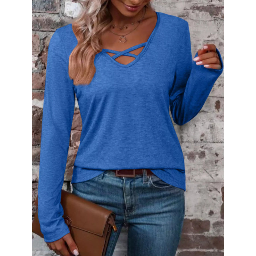 Crisscross V-Neck Long Sleeve T-Shirt Sapphire Blue / S Apparel and Accessories