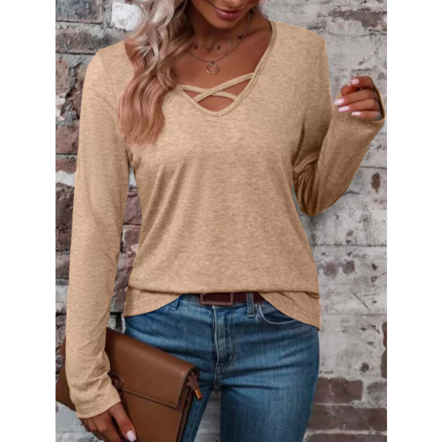 Crisscross V-Neck Long Sleeve T-Shirt Yellow / S Apparel and Accessories