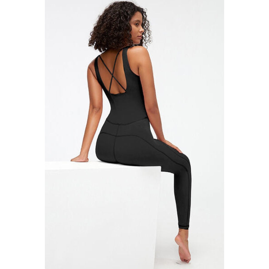 Crisscross Wide Strap Active Jumpsuit Clothing