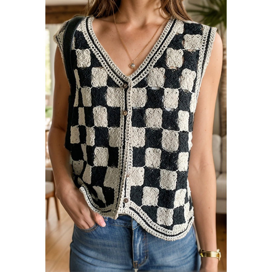 Crochet Checkered V-Neck Button Up Vest Beige / One Size Apparel and Accessories