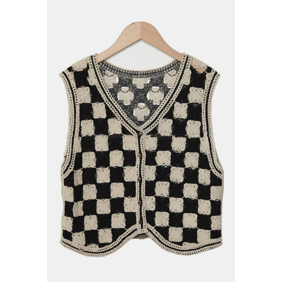 Crochet Checkered V-Neck Button Up Vest Beige / One Size Apparel and Accessories