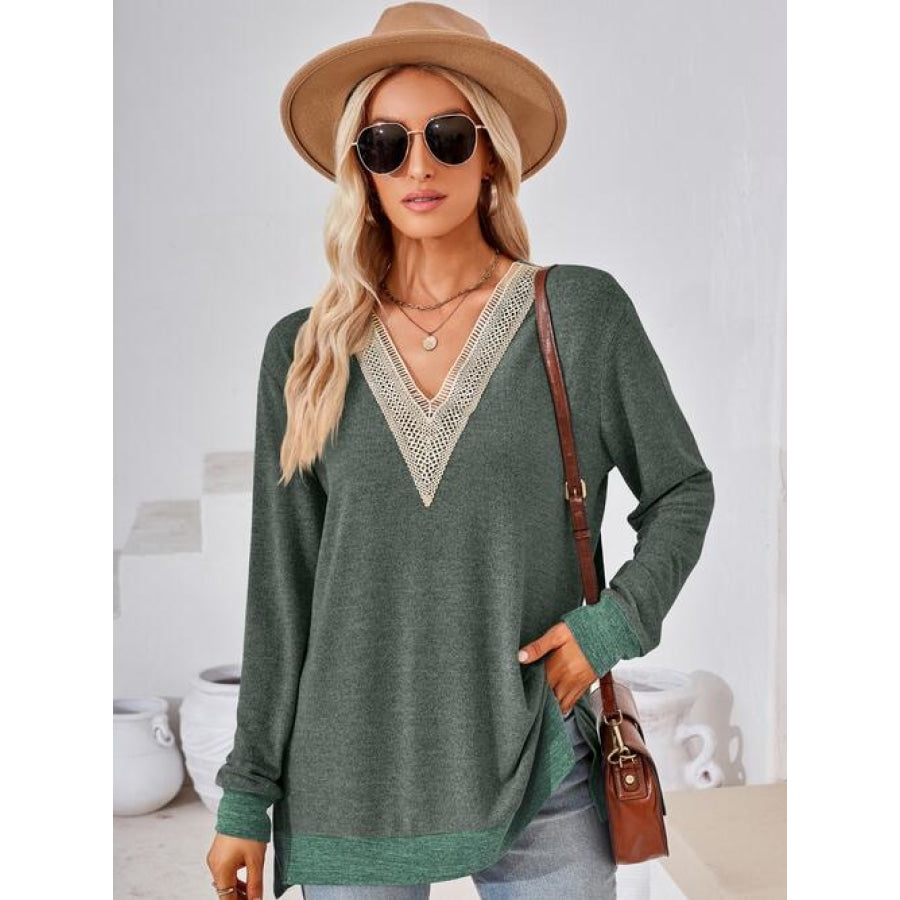Crochet Contrast V-Neck Long Sleeve Slit T-Shirt Army Green / S