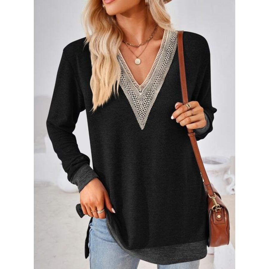 Crochet Contrast V-Neck Long Sleeve Slit T-Shirt Black / S