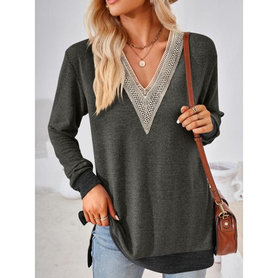 Crochet Contrast V-Neck Long Sleeve Slit T-Shirt Charcoal / S