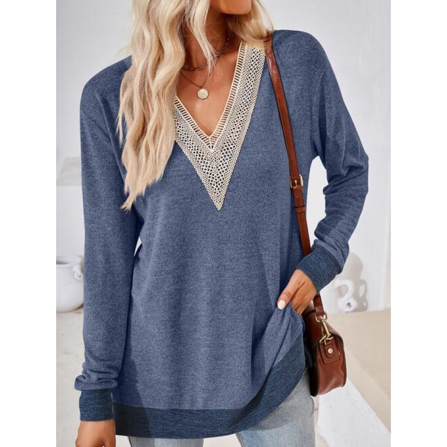 Crochet Contrast V-Neck Long Sleeve Slit T-Shirt Dusty Blue / S
