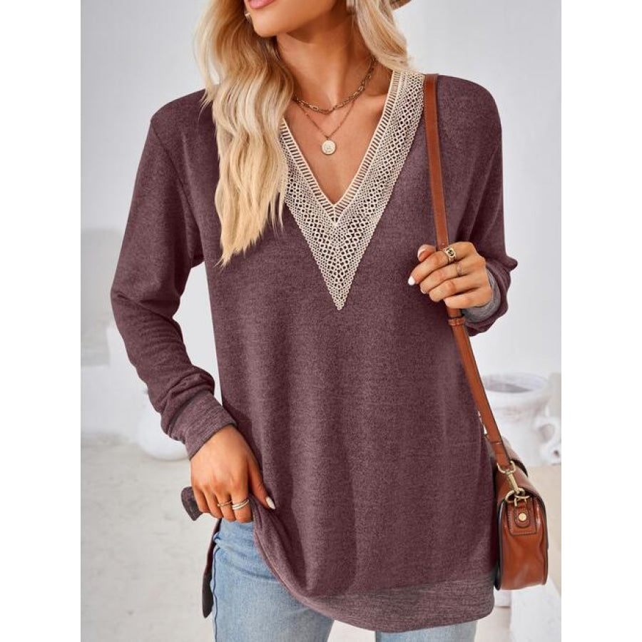 Crochet Contrast V-Neck Long Sleeve Slit T-Shirt Magenta / S