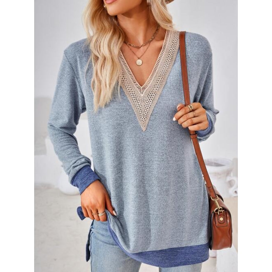Crochet Contrast V-Neck Long Sleeve Slit T-Shirt Misty Blue / S