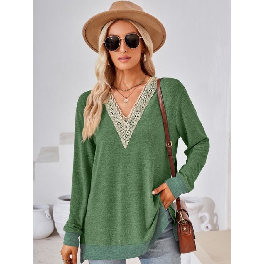 Crochet Contrast V-Neck Long Sleeve Slit T-Shirt Moss / S