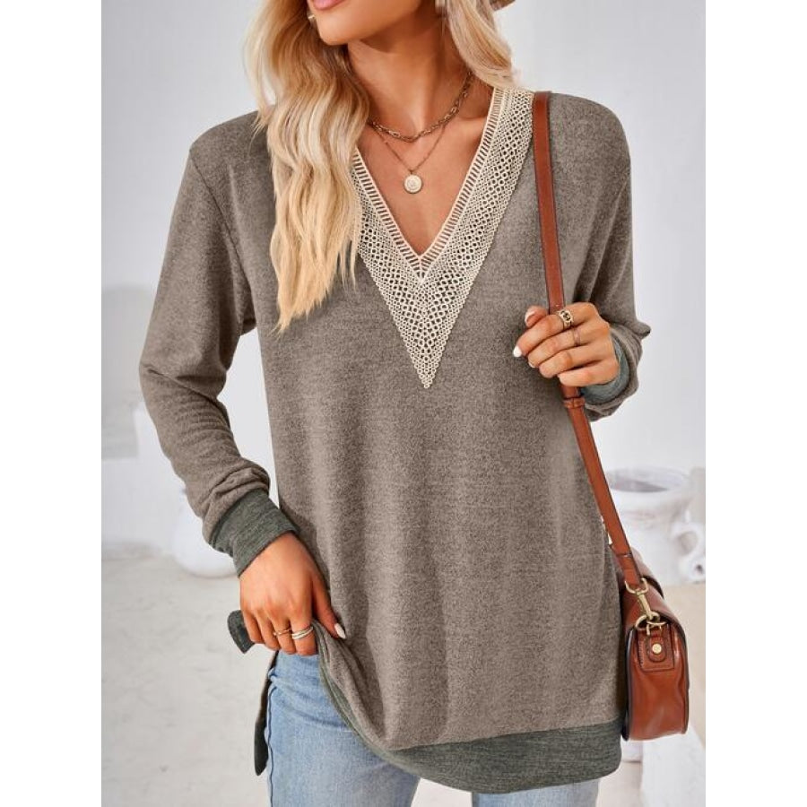 Crochet Contrast V-Neck Long Sleeve Slit T-Shirt Taupe / S
