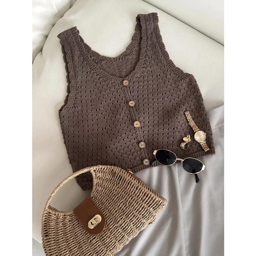 Crochet Decor Button Eyelet Knit Vest Apparel and Accessories