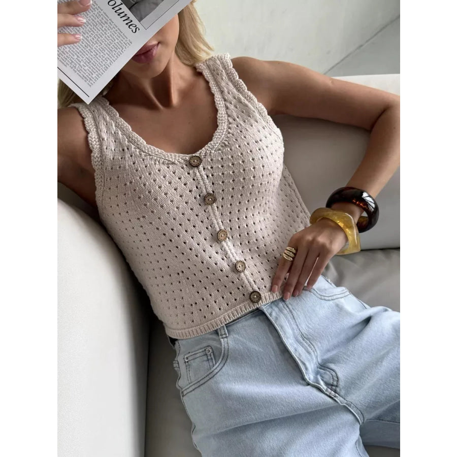 Crochet Decor Button Eyelet Knit Vest Apparel and Accessories