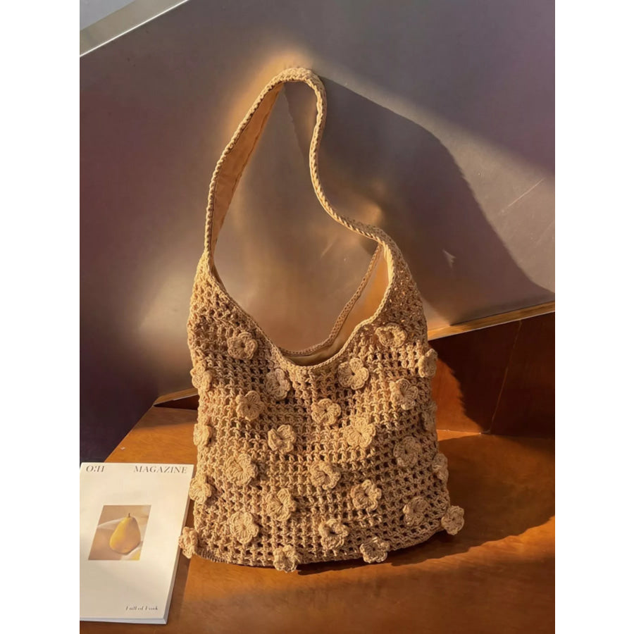 Crochet Floral Shoulder Bag Khaki / onesize Apparel and Accessories