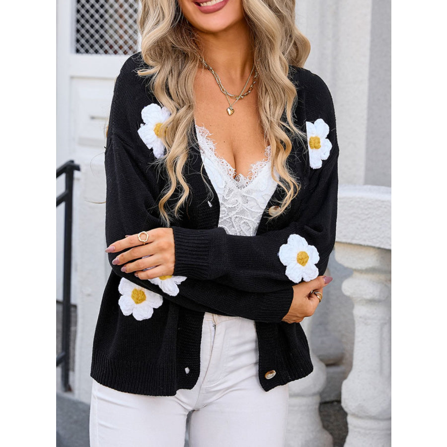 Crochet Flower Button Up Cardigan Black / S Apparel and Accessories