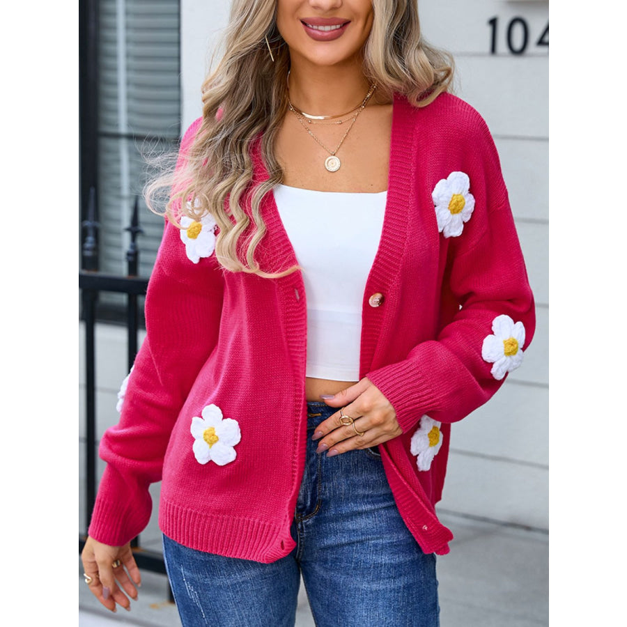 Crochet Flower Button Up Cardigan Deep Rose / S Apparel and Accessories