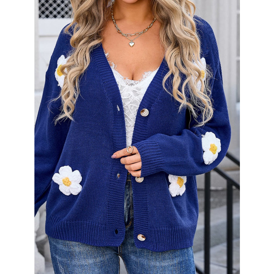 Crochet Flower Button Up Cardigan Navy / S Apparel and Accessories